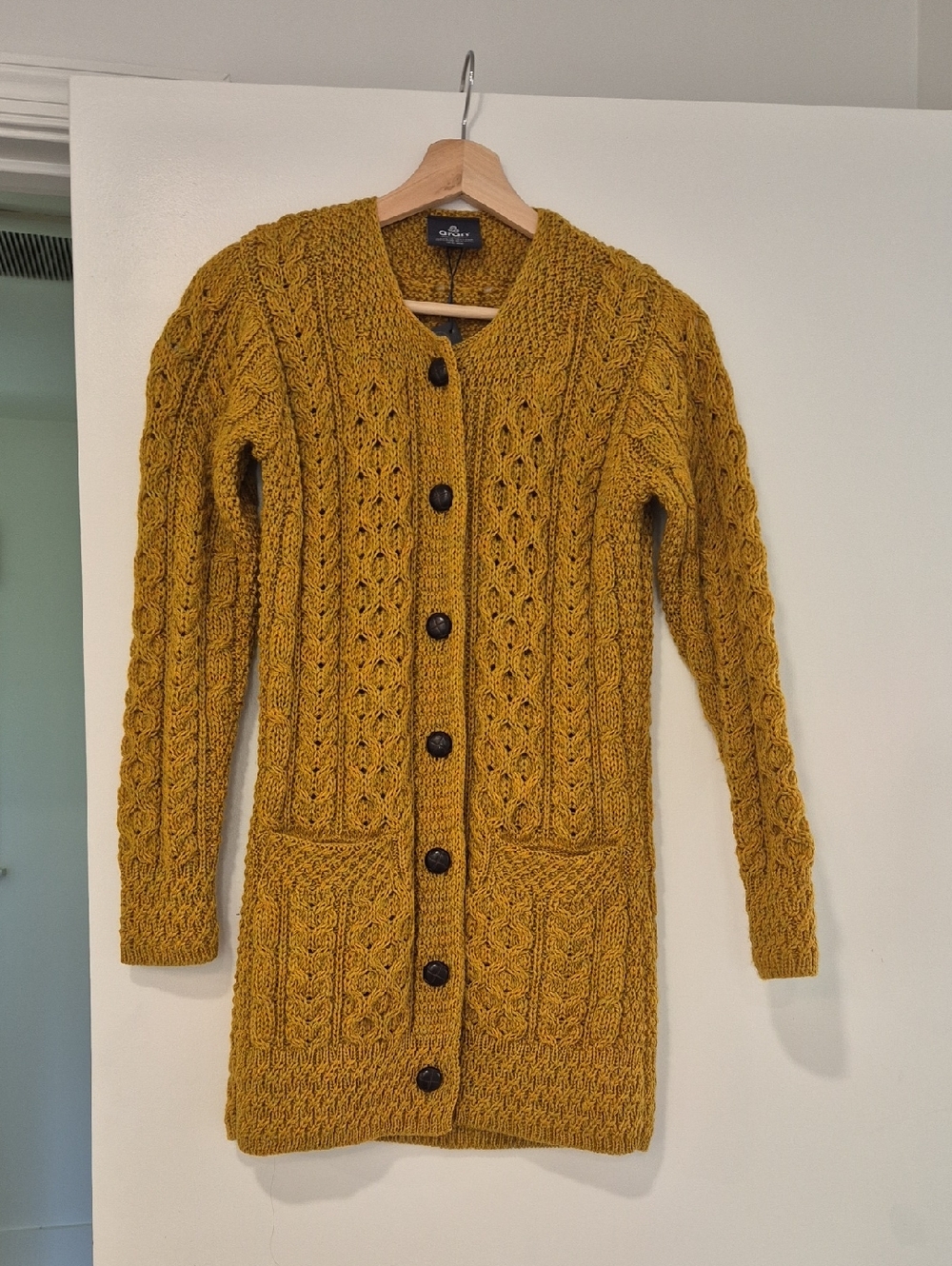 100% Pure New Wool Aran Chunky Knit Button-Front Long Cardigan Sweater - Mustard